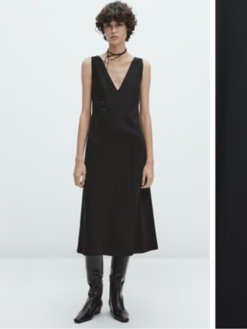 Massimo Dutti Casual Style Black V-Neck Midi Dress with Strap. Size XL